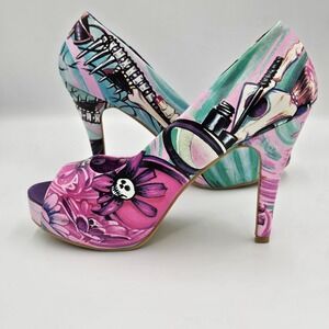 Iron Fist Make Up My Mind Platform Heels Womens US 10 Pink Skull Floral Peep Toe